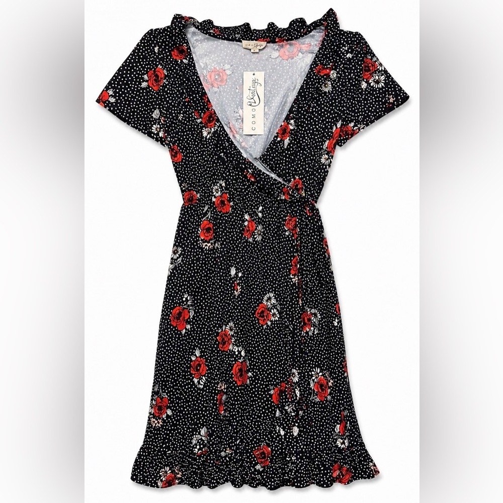 Como Vintage Floral Wrap Mini Dress - Black/Red